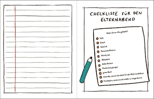 Buchcover und Innenansicht für das Buch: Das Kritzelbuch für den Elternabend