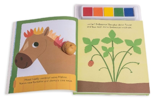 Buchcover und Innenansicht für das Buch: Stempelkunst für kleine Finger. Bauernhof