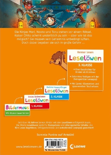 Buchcover und Innenansicht für das Buch: Leselöwen 3. Klasse - Die Ninjas und der unsterbliche Kaiser