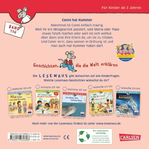 Buchcover und Innenansicht für das Buch: LESEMAUS 116: Conni hat Kummer