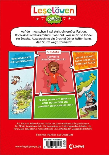 Buchcover und Innenansicht für das Buch: Leselöwen Comics 1. Klasse - Drachen-Alarm auf der magischen Insel