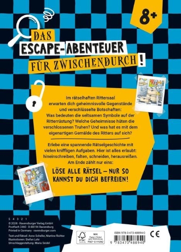 Buchcover und Innenansicht für das Buch: Ravensburger Escape Rätsel - Rätselhafter Rittersaal