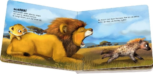 Buchcover und Innenansicht für das Buch: "Hallo, hier bin ich!", ruft der kleine Löwe - Erste Vorlesegeschichte für Kinder ab 1 Jahr