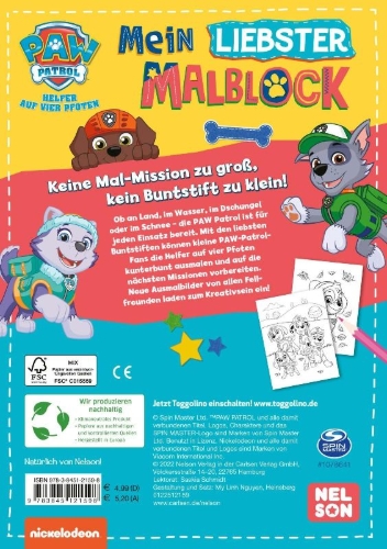 Buchcover und Innenansicht für das Buch: PAW Patrol Kindergartenheft: Mein liebster Malblock