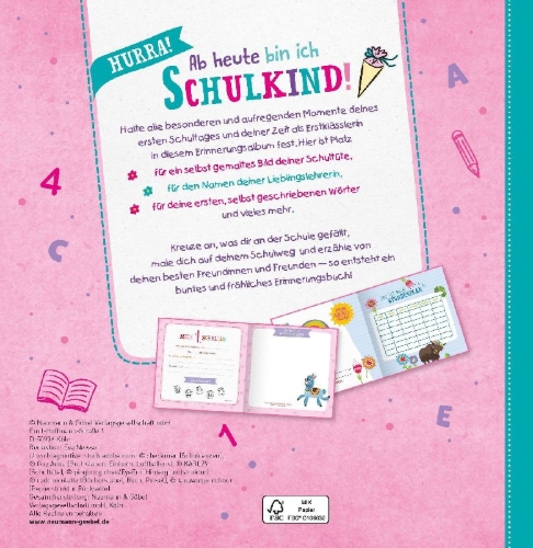 Buchcover und Innenansicht für das Buch: Ab heute bin ich Schulkind! (Motiv Einhorn)