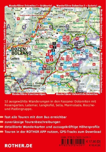 Buchcover und Innenansicht für das Buch: ROTHER Wanderführer Dolomiten - Fassatal. 52 Touren - mit Rosengarten, Langkofel, Sella und Marmolada