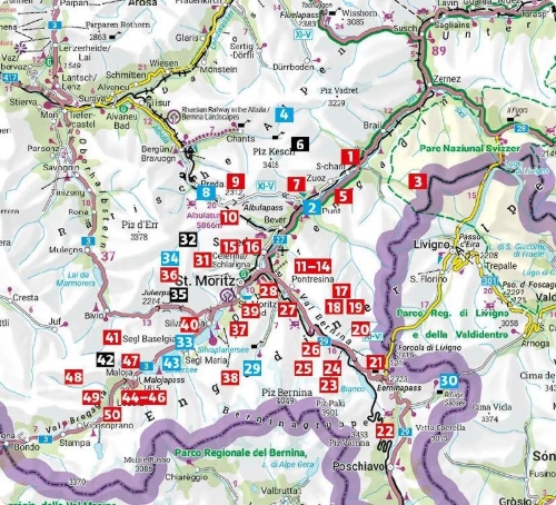 Buchcover und Innenansicht für das Buch: ROTHER Wanderführer Oberengadin. 50 Touren im Engadin rund um St. Moritz, Zuoz, Pontresina und Maloja