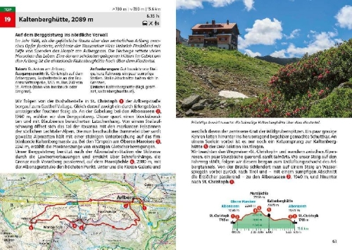 Buchcover und Innenansicht für das Buch: ROTHER Wanderführer Arlberg und Paznauntal. 50 Touren vom Oberen Lechtal über das Stanzer Tal bis zur Tiroler Silvretta