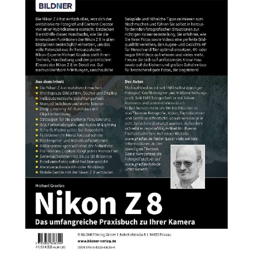Buchcover und Innenansicht für das Buch: Nikon Z 8: Das umfangreiche Praxisbuch zu Ihrer Profi-Kamera
