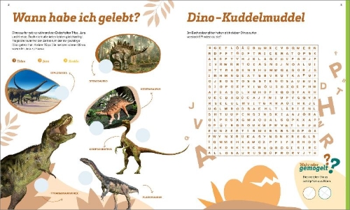 Buchcover und Innenansicht für das Buch: WAS IST WAS Rätseln und Stickern: Dinosaurier