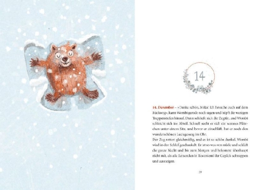 Buchcover und Innenansicht für das Buch: Ein Wombat im Schnee. Adventsgeschichte zum Vorlesen in 24 Kapiteln