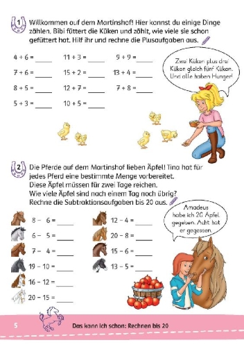 Buchcover und Innenansicht für das Buch: Bibi & Tina: Mein Lernrätsel-Block Mathematik für die 2. Klasse