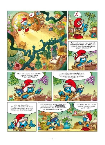 Buchcover und Innenansicht für das Buch: Die Schlümpfe und das verlorene Dorf. Band 5