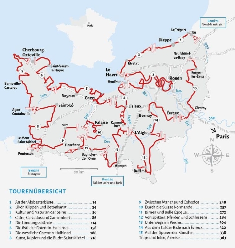 Buchcover und Innenansicht für das Buch: Entdeckertouren mit dem Wohnmobil Normandie