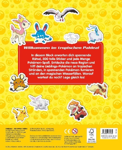 Buchcover und Innenansicht für das Buch: Pokémon: 500 Sticker Paldea - Stickern - Rätseln - Ausmalen