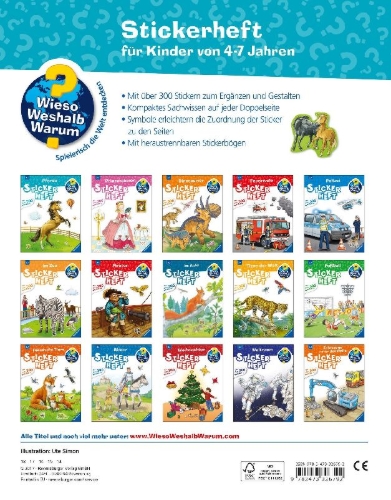 Buchcover und Innenansicht für das Buch: Wieso? Weshalb? Warum? Stickerheft:  Pferde