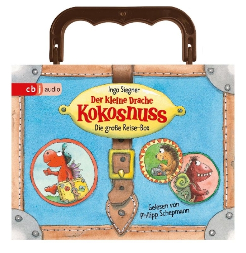 Buchcover und Innenansicht für das Buch: Der kleine Drache Kokosnuss - Die große Reise-Box