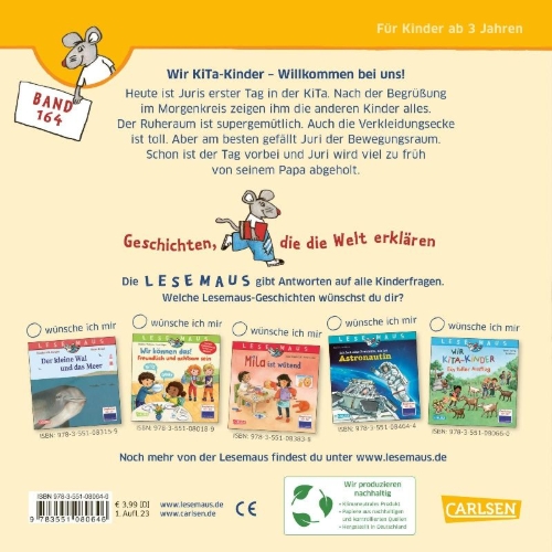 Buchcover und Innenansicht für das Buch: LESEMAUS 164: Wir KiTa-Kinder - Willkommen bei uns!