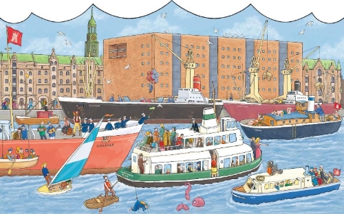 Buchcover und Innenansicht für das Buch: Mein großes Elbphilharmonie-Wimmelbuch