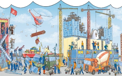 Buchcover und Innenansicht für das Buch: Mein großes Elbphilharmonie-Wimmelbuch