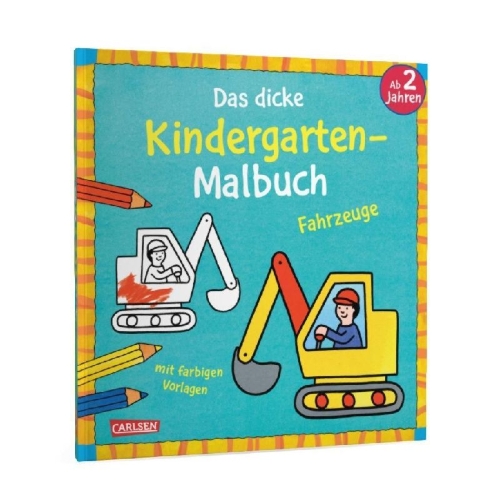 Buchcover und Innenansicht für das Buch: Ausmalbilder für Kita-Kinder: Das dicke Kindergarten-Malbuch: Fahrzeuge