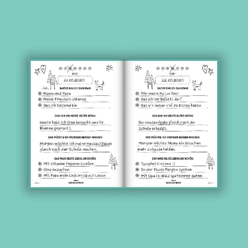 Buchcover und Innenansicht für das Buch: Mein kleines Glücklichbuch | Dankbarkeitstagebuch für Kinder | 3 Minuten Tagebuch für Kinder