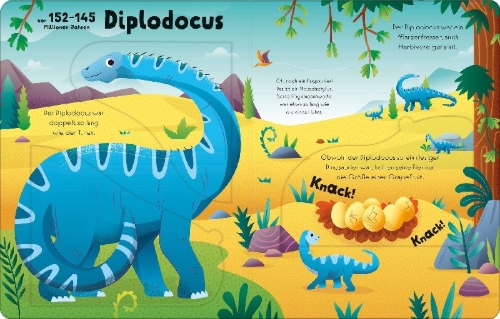 Buchcover und Innenansicht für das Buch: Mein erstes Wissen zum Aufklappen: Groß, größer, Dinosaurier!