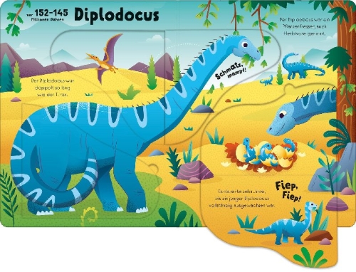 Buchcover und Innenansicht für das Buch: Mein erstes Wissen zum Aufklappen: Groß, größer, Dinosaurier!