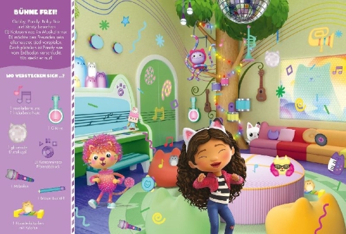 Buchcover und Innenansicht für das Buch: Gabby's Dollhouse: Mein großes Wimmelbuch