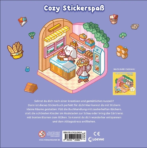 Buchcover und Innenansicht für das Buch: Cute & Cozy Sticker Rooms - Comfy Shops