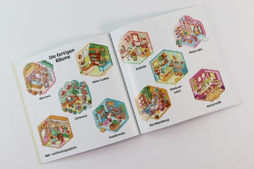 Buchcover und Innenansicht für das Buch: Cute & Cozy Sticker Rooms - Comfy Shops