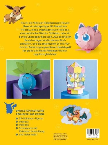 Buchcover und Innenansicht für das Buch: Amazing Pokémon Paper Crafts: Colorful Creations Inspired by the World of Pokémon!