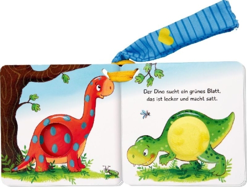 Buchcover und Innenansicht für das Buch: Mein erstes Fühl-Buch für den Buggy: 10 drollige Dinos
