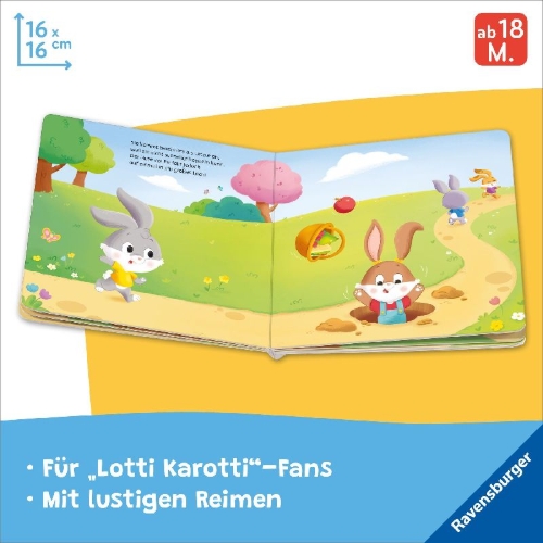 Buchcover und Innenansicht für das Buch: Mein erstes Lotti Karott: Das lustige Hasenrennen - ein Buch für kleine Fans des Kinderspiel-Klassikers Lotti Karotti