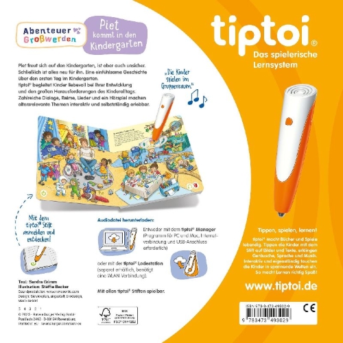 Buchcover und Innenansicht für das Buch: tiptoi® Abenteuer Großwerden - Piet kommt in den Kindergarten