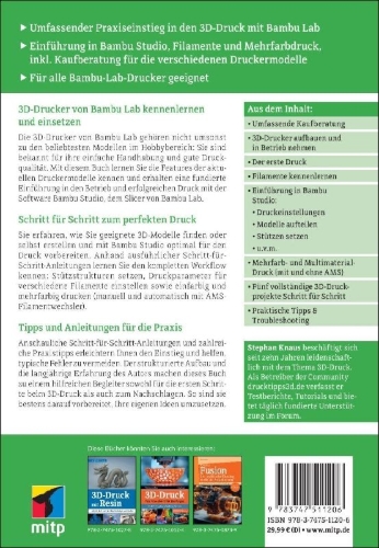 Buchcover und Innenansicht für das Buch: 3D-Druck mit  Bambu Lab