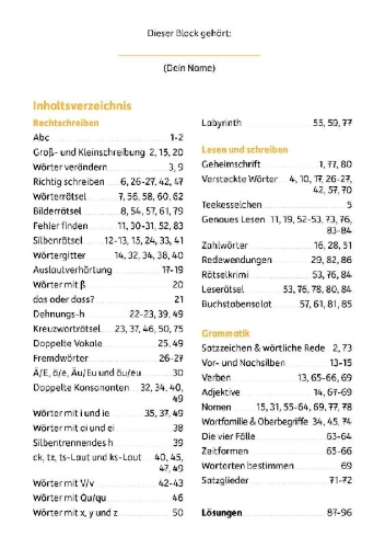 Buchcover und Innenansicht für das Buch: Mein Rätselblock Deutsch 4. Klasse