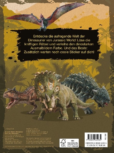 Buchcover und Innenansicht für das Buch: Jurassic World: Ultimativer Mal- und Rätselspaß