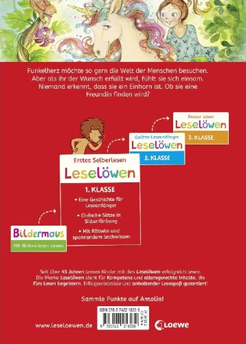Buchcover und Innenansicht für das Buch: Leselöwen 1. Klasse - Eine Freundin für das kleine Einhorn
