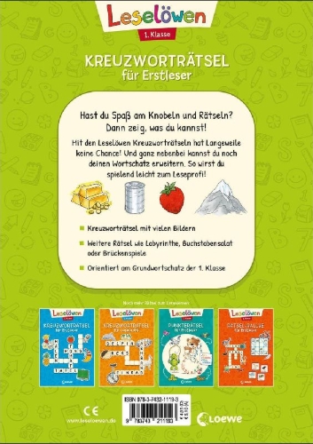 Buchcover und Innenansicht für das Buch: Leselöwen Kreuzworträtsel für Erstleser - 1. Klasse (Hellgrün)