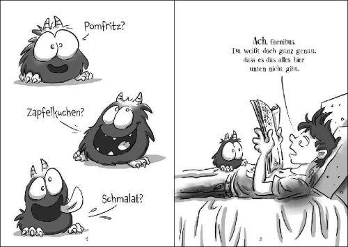 Buchcover und Innenansicht für das Buch: Cornibus & Co. (Band 4) - Wie das Keinhorn in die Hölle kam