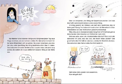 Buchcover und Innenansicht für das Buch: Warum haben wir keinen König? - Kinderfragen zur Demokratie verständlich erklärt