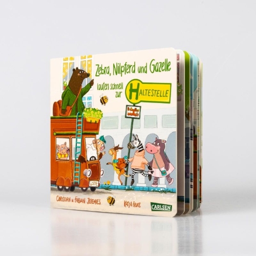 Buchcover und Innenansicht für das Buch: Zebra, Nilpferd und Gazelle laufen schnell zur ... Haltestelle!