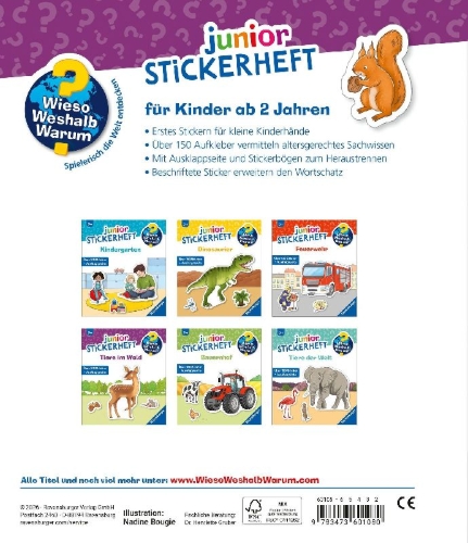 Buchcover und Innenansicht für das Buch: Wieso? Weshalb? Warum? junior Stickerheft - Tiere im Wald