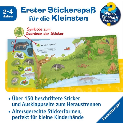 Buchcover und Innenansicht für das Buch: Wieso? Weshalb? Warum? junior Stickerheft - Tiere im Wald