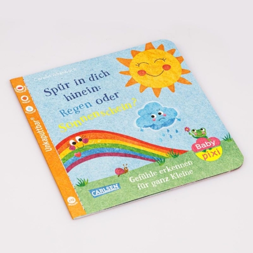 Buchcover und Innenansicht für das Buch: Baby Pixi (unkaputtbar) 176: Spür in dich hinein: Regen oder Sonnenschein?