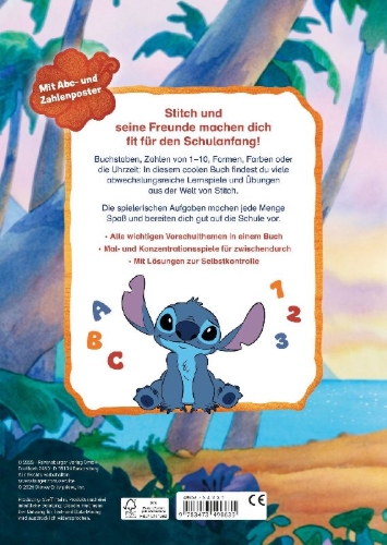Buchcover und Innenansicht für das Buch: Disney Stitch - Mein Vorschulbuch: Buchstaben, Zahlen, Konzentration