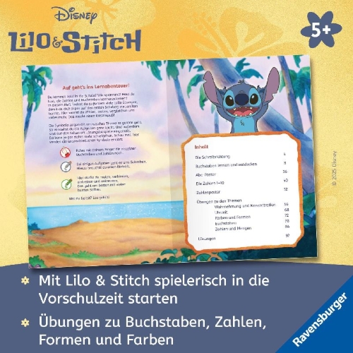 Buchcover und Innenansicht für das Buch: Disney Stitch - Mein Vorschulbuch: Buchstaben, Zahlen, Konzentration