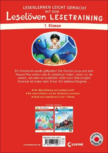 Buchcover und Innenansicht für das Buch: Leselöwen Lesetraining 1. Klasse - Das geheimnisvolle Drachenei