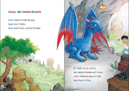 Buchcover und Innenansicht für das Buch: Leselöwen Lesetraining 1. Klasse - Das geheimnisvolle Drachenei